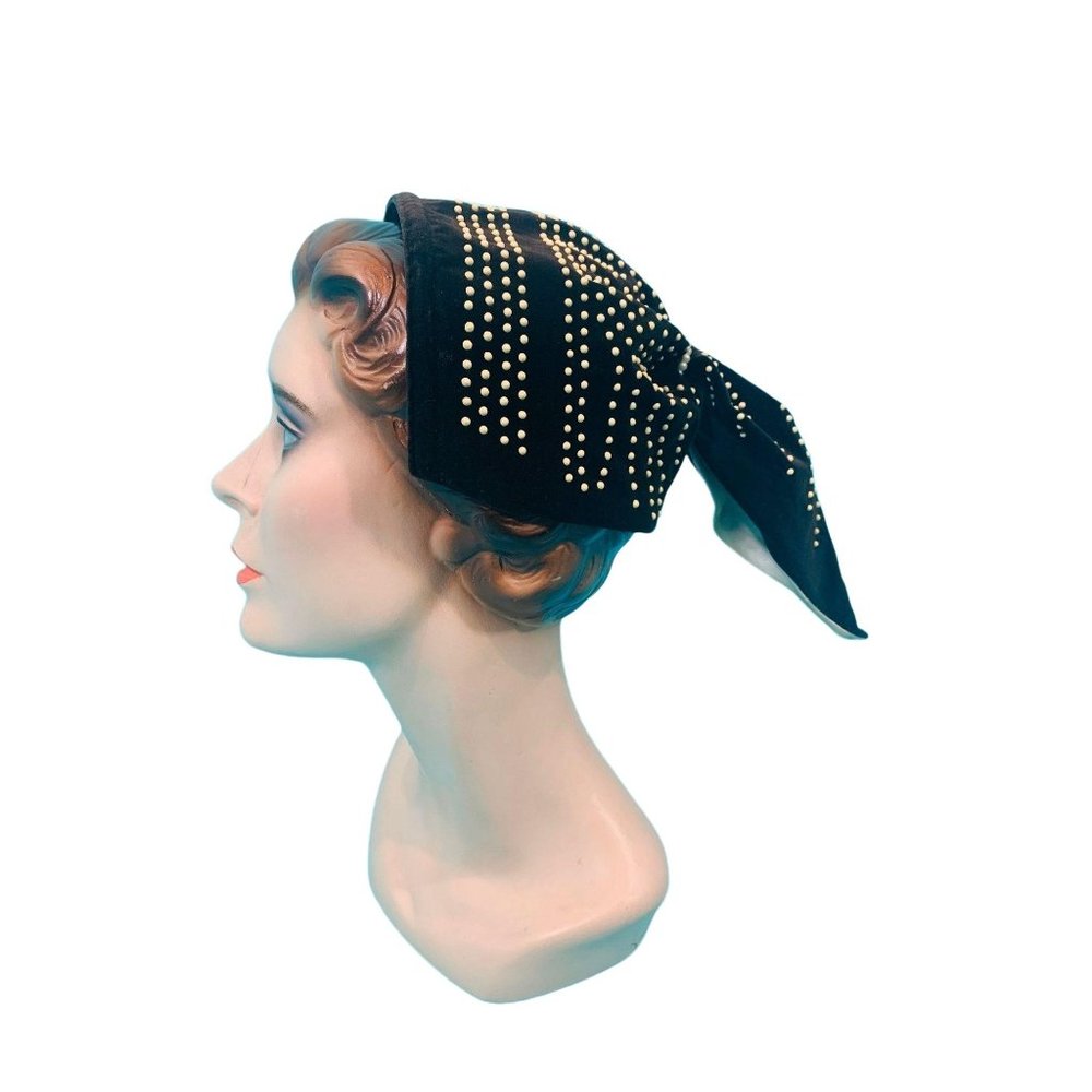 Vintage 1940s Snood Hat Brown Velvet Beaded Ponytail Headband